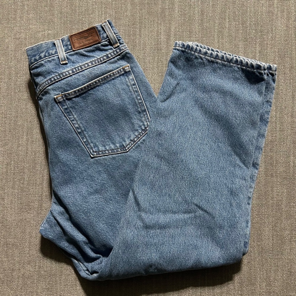 LL Bean Flannel Lined Jeans Mens 34x29 Natural Fit Blue Plaid Denim 130657